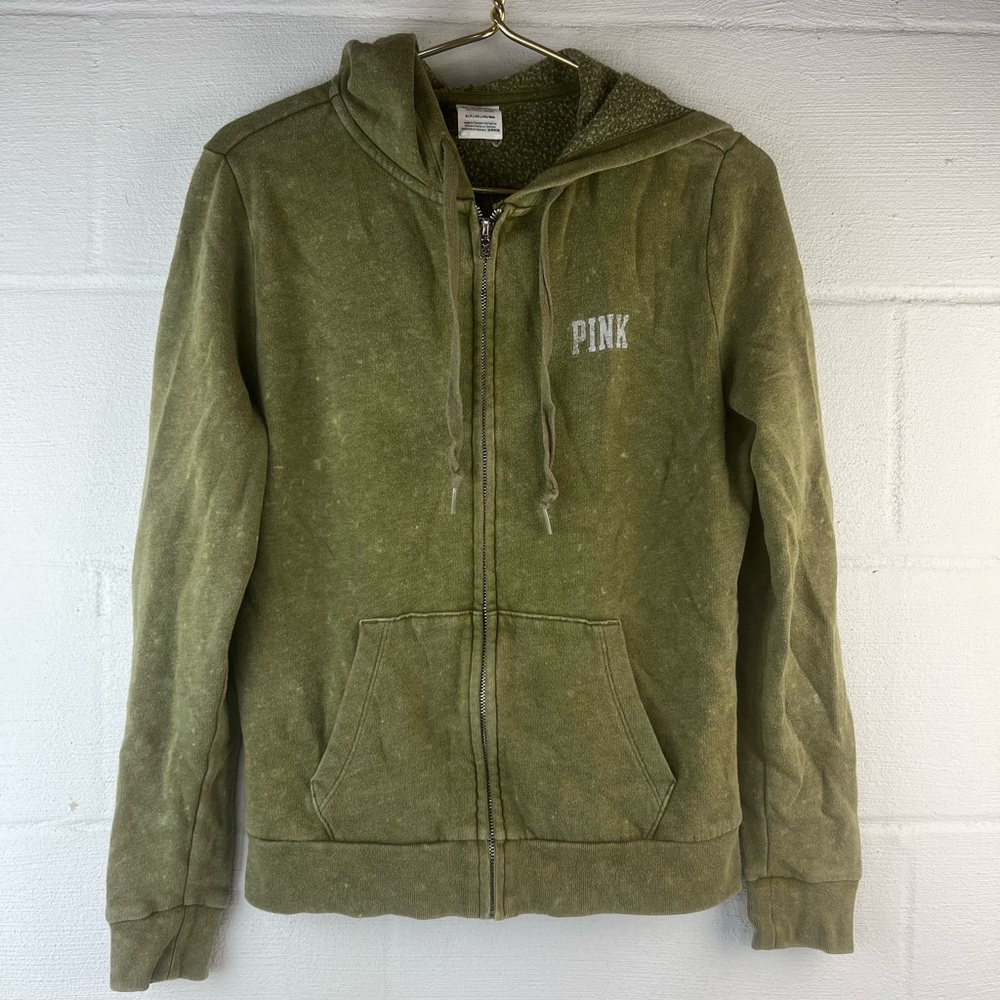 Victoria’s Secret PINK Olive Acid Washed Full Zip Hoodie, Small